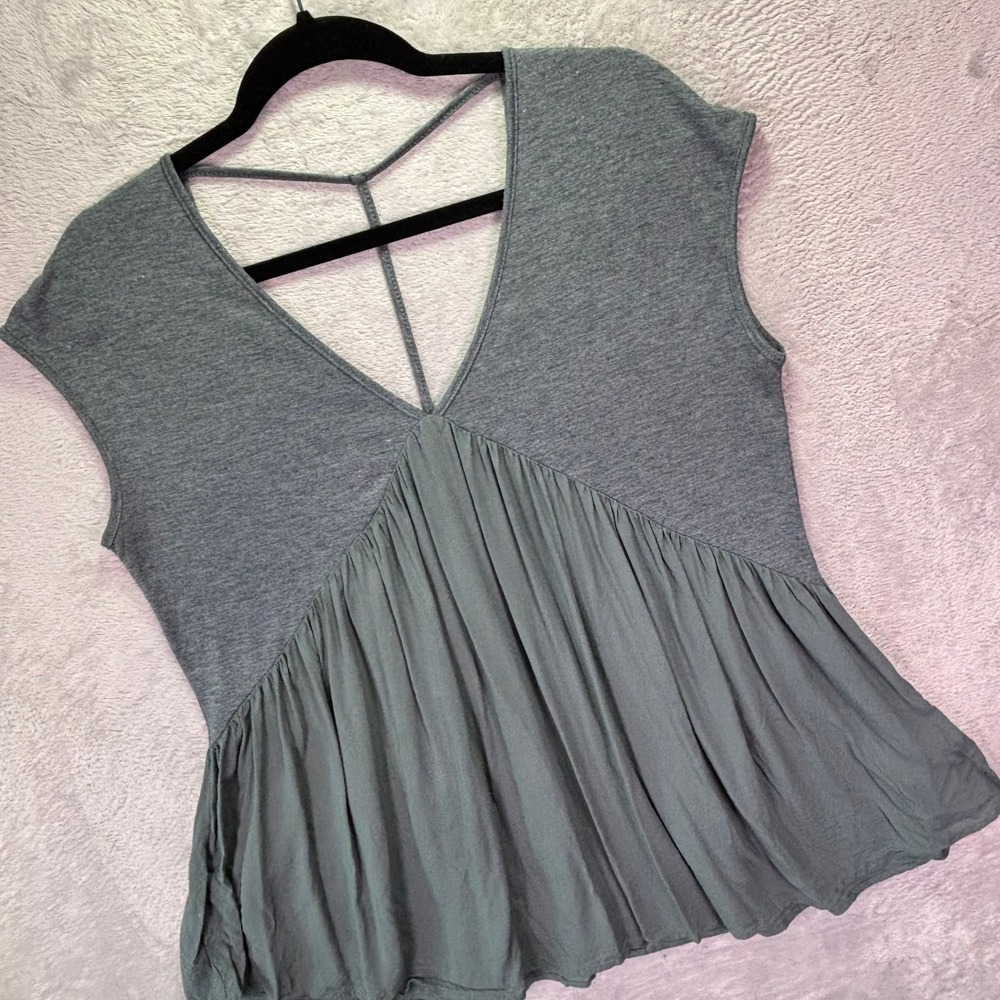 Meadow Rue Women Top Sz S Gray Strappy Back Pleated Peplum V-Neck Cap Sleeve